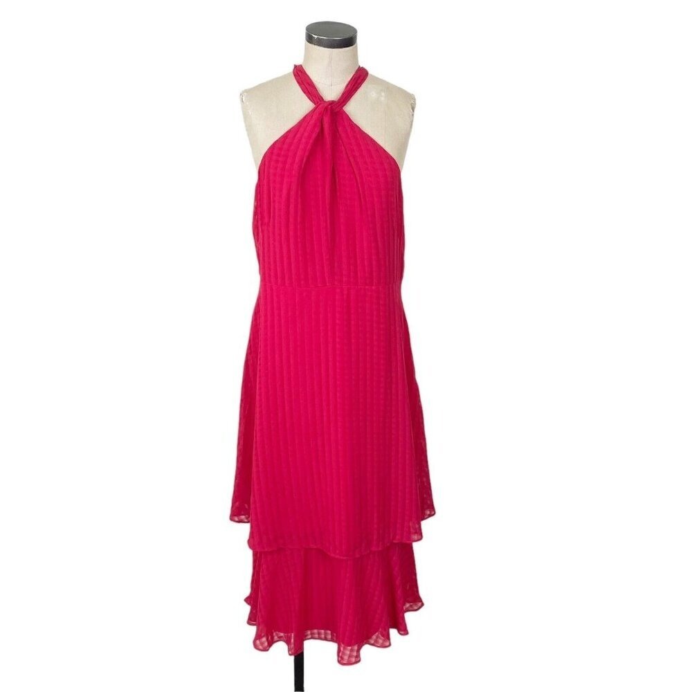 Ann Taylor Pink Textured Halter‎ Tiered Midi Dress Size 12 Raspberry (M739)